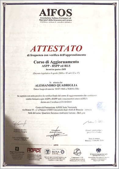 Attestato AiFOS Corso di aggiornamento ASPP - RSPP ed RLS